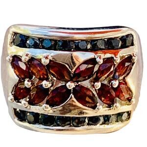 Retro Silver Ladies Ring Garnets +Other Gemstone Size 8 Wide Band Stunning